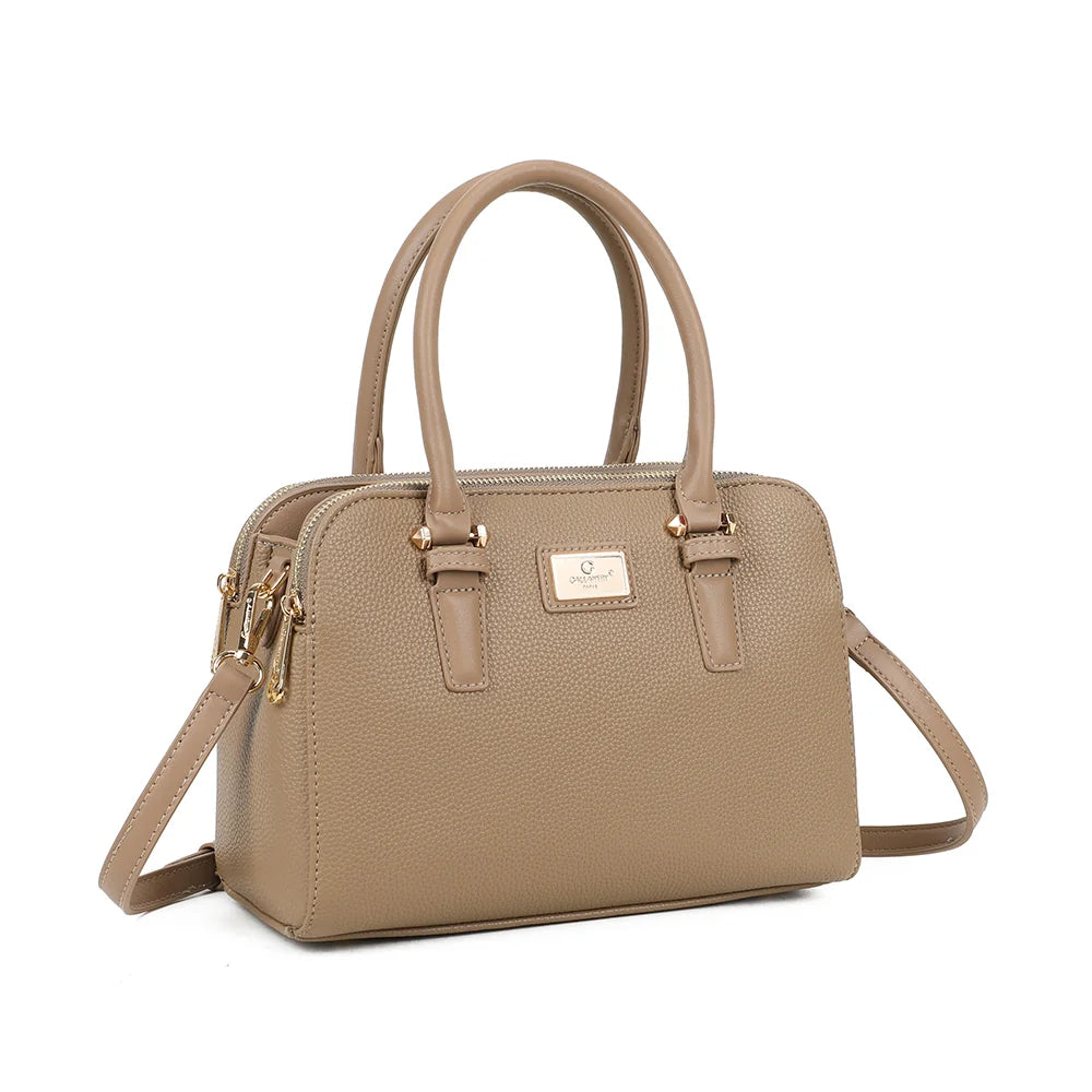 Séna taupe foncé vu de trois quarts : silhouette structurée et double fermeture éclair dorée – réf. DG-5804