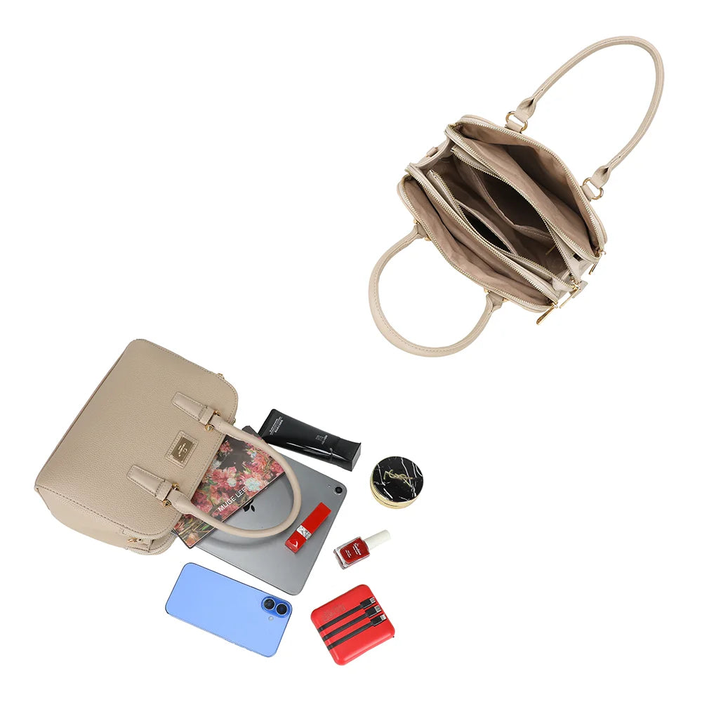 Intérieur du Séna taupe : trois compartiments zippés pour ranger téléphone et essentiels – réf. DG-5804