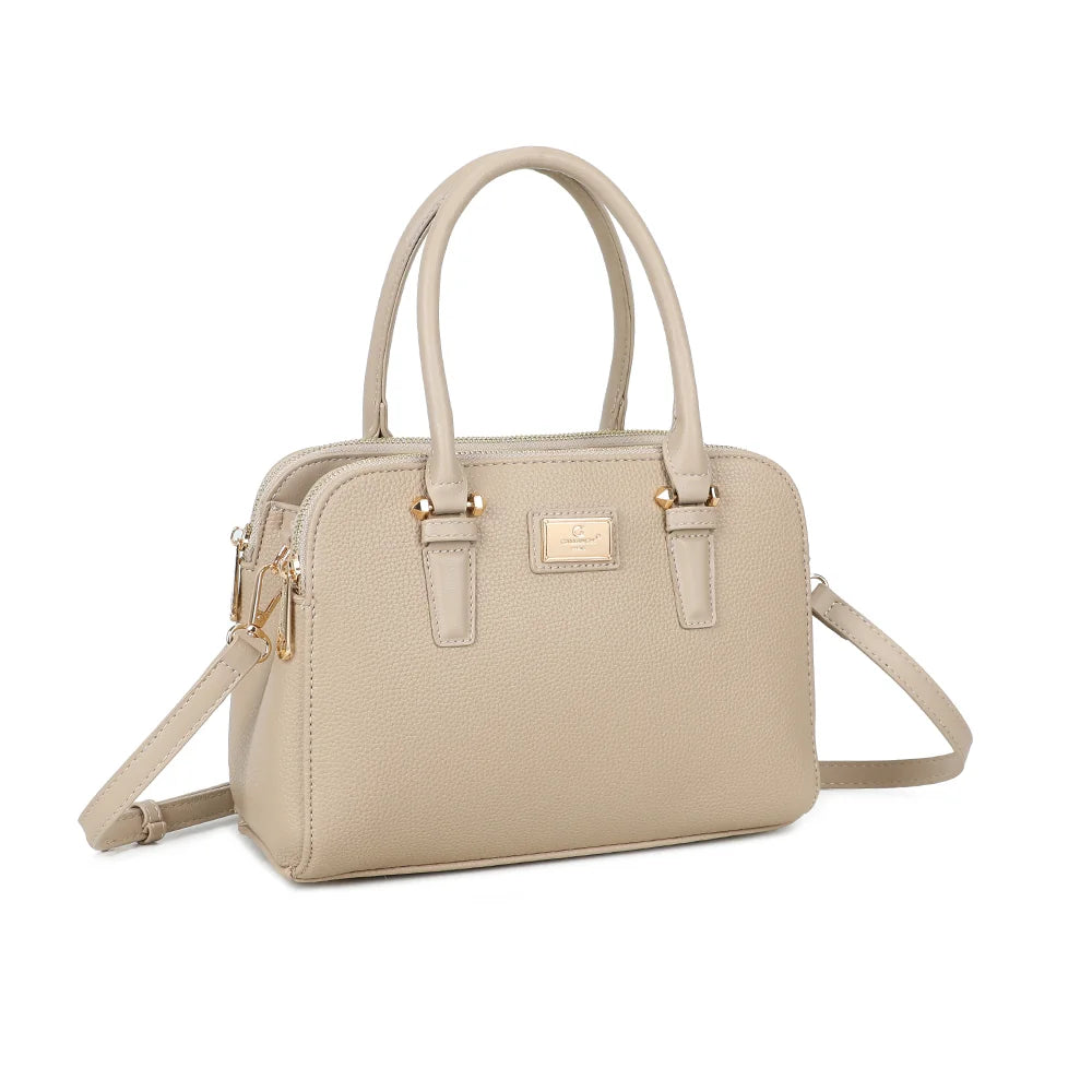 Séna taupe vu de trois quarts : silhouette structurée et double fermeture éclair dorée – réf. DG-5804