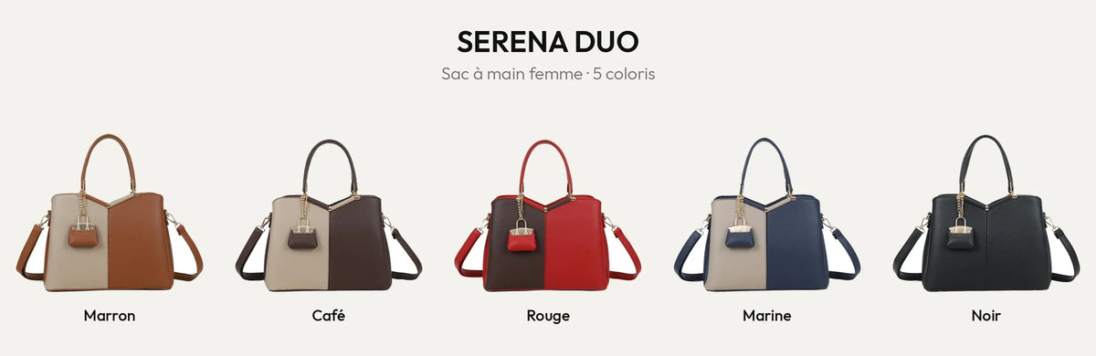 Sac à main Serena Duo en cinq coloris : marron et beige, marron foncé et beige, rouge et marron foncé, bleu marine et beige, noir – Gallantry Paris – réf. M-9130-A