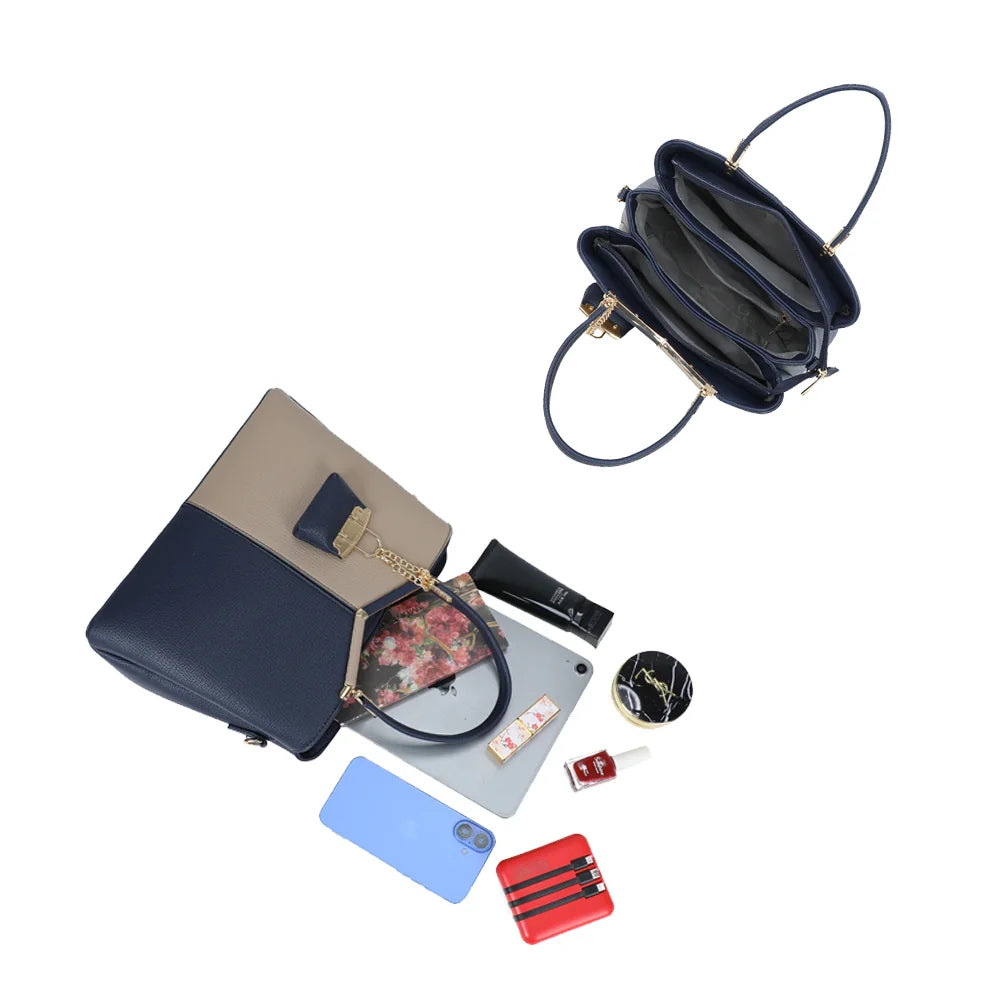Intérieur du Serena Duo marine : trois compartiments zippés pour tablette, téléphone et maquillage – réf. M-9130-A