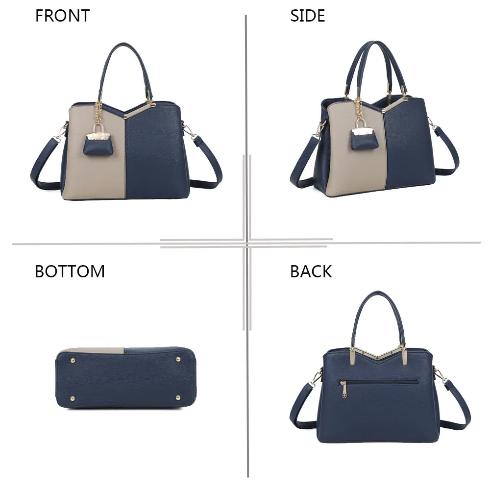 Serena Duo marine sous quatre angles : face, côté, dessous et dos du sac en simili cuir grainé – réf. M-9130-A