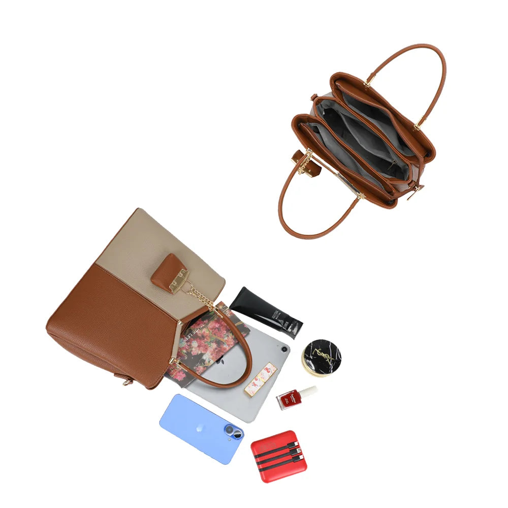 Intérieur du Serena Duo marron : trois compartiments zippés pour tablette, téléphone et maquillage – réf. M-9130-A
