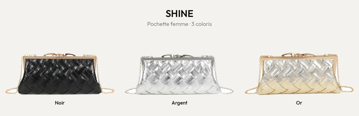 Pochette de soirée Shine tressée en noir, argent et or – Gallantry Paris – réf. LH-71004