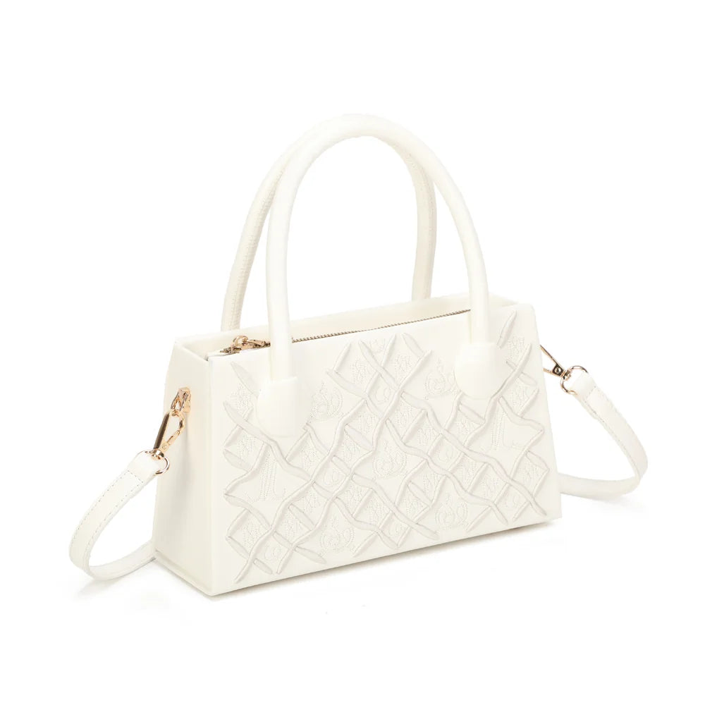Sienna blanc de trois quarts : silhouette structurée, zip doré et attache de bandoulière – réf. YL-26014