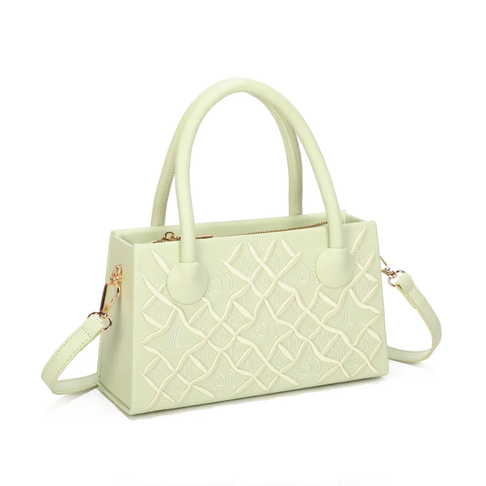 Sienna vert clair de trois quarts : silhouette structurée, zip doré et attache de bandoulière – réf. YL-26014