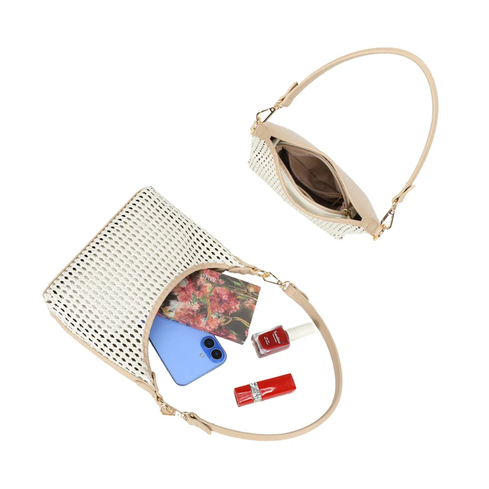 Intérieur du Sira Riviera beige/taupe : téléphone, carnet, vernis et rouge à lèvres y trouvent leur place – réf. A-9153