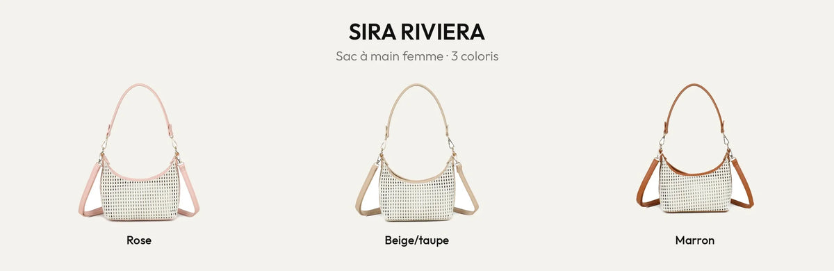 Sac à main femme tressé Sira Riviera en 3 coloris : Rose, Beige/Taupe et Marron – Gallantry Paris – réf. A-9153