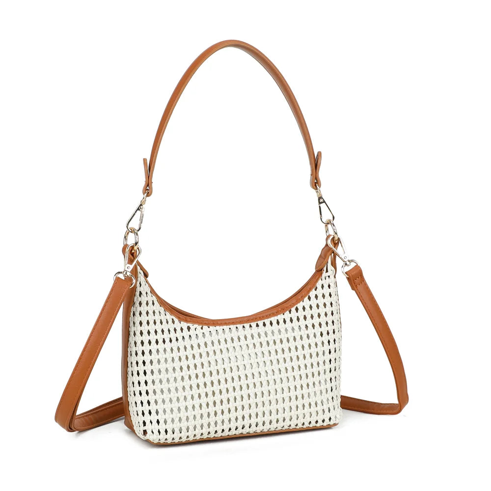Sira Riviera marron vu de trois quarts : silhouette arrondie et bordures colorées autour du tressage – réf. A-9153