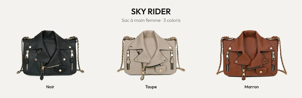 Sac à main Sky Rider façon veste biker en Noir, Taupe et Marron – Gallantry Paris – réf. G-7498