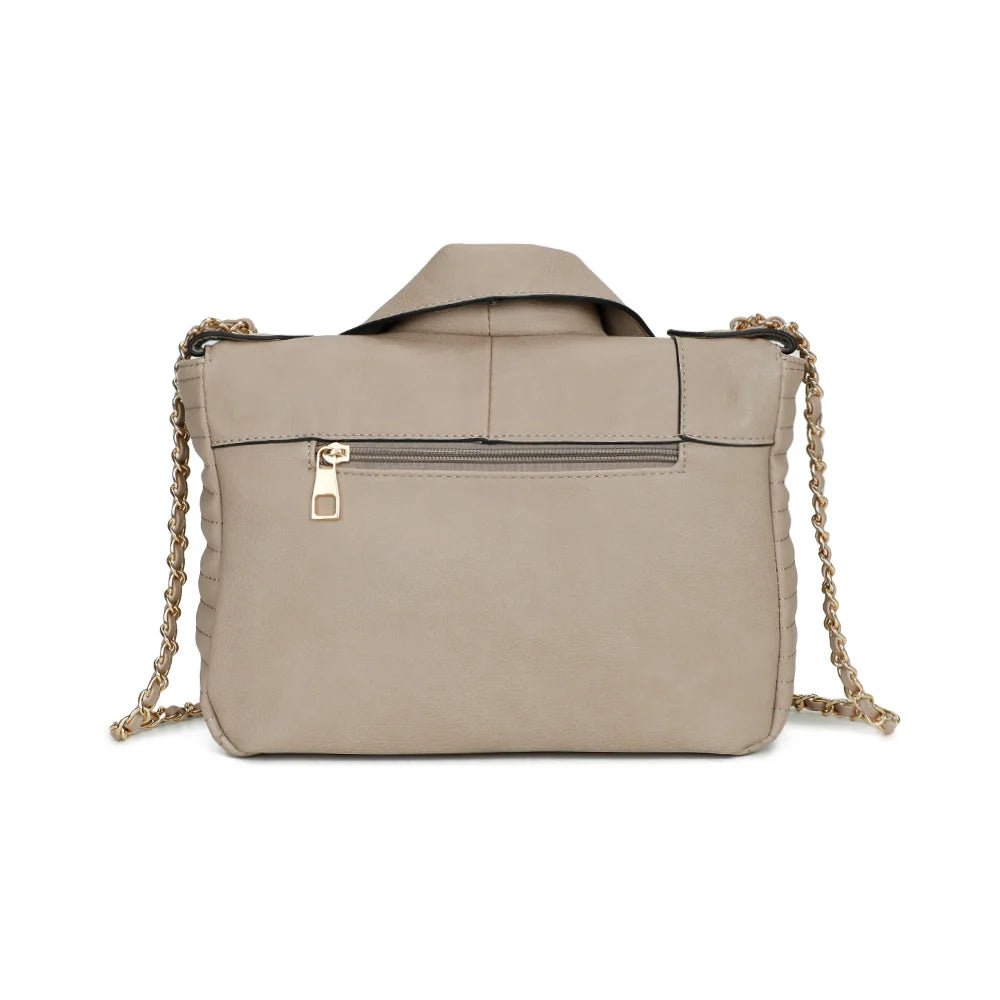 Sky Rider taupe vu de dos, avec sa chaîne dorée entrelacée de simili cuir fixée de chaque côté – réf. G-7498