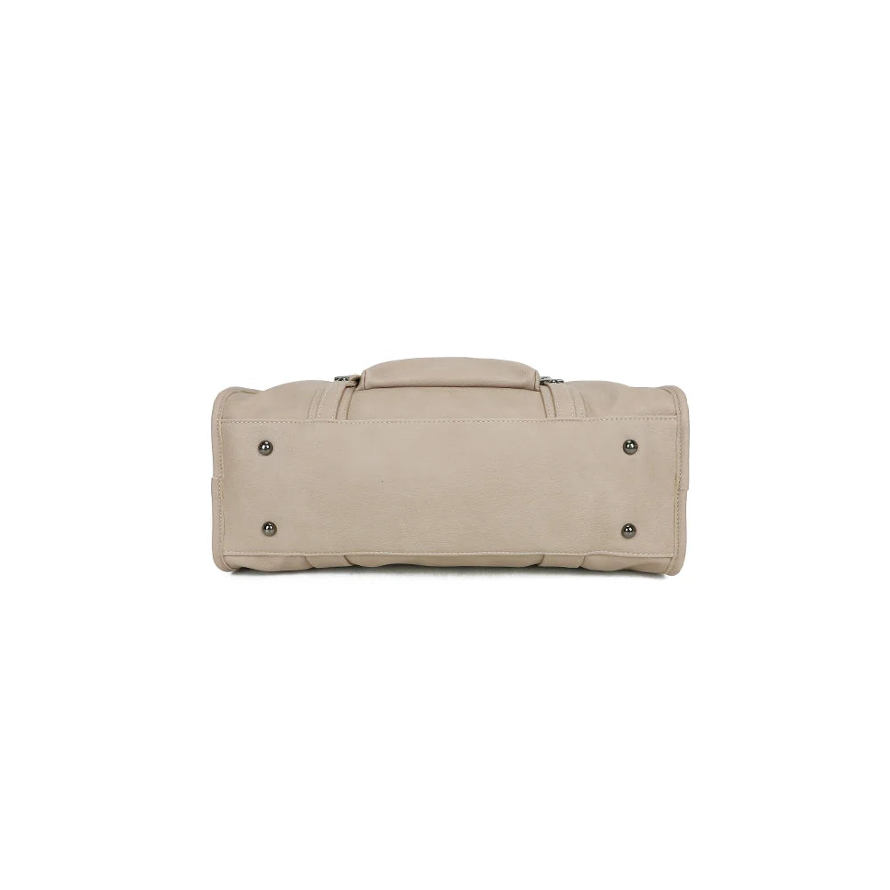 Dessous du Skyla Grand Mat taupe : une base large de 39 × 16 cm en simili cuir grainé – réf. R-1979-3