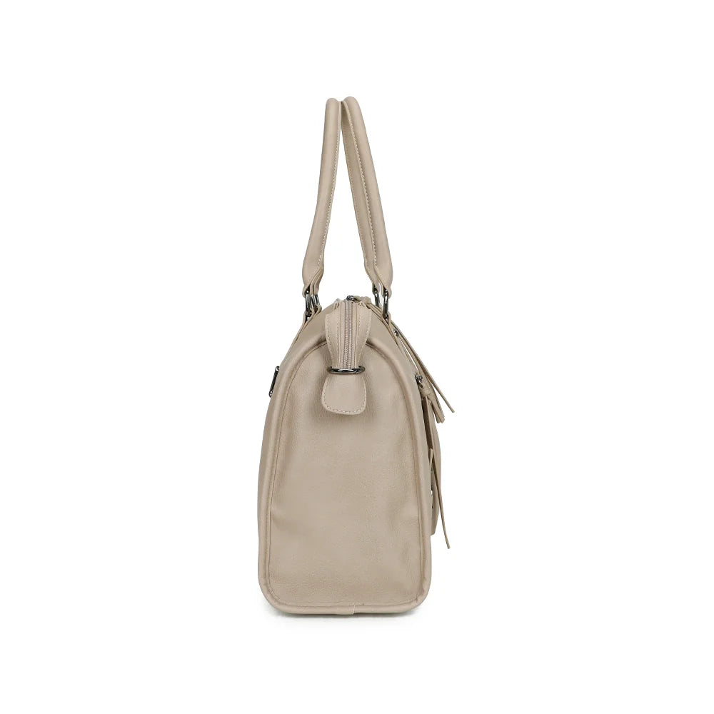 Profil du Skyla Grand Mat taupe : 16 cm de profondeur et attache latérale pour la bandoulière amovible – réf. R-1979-3