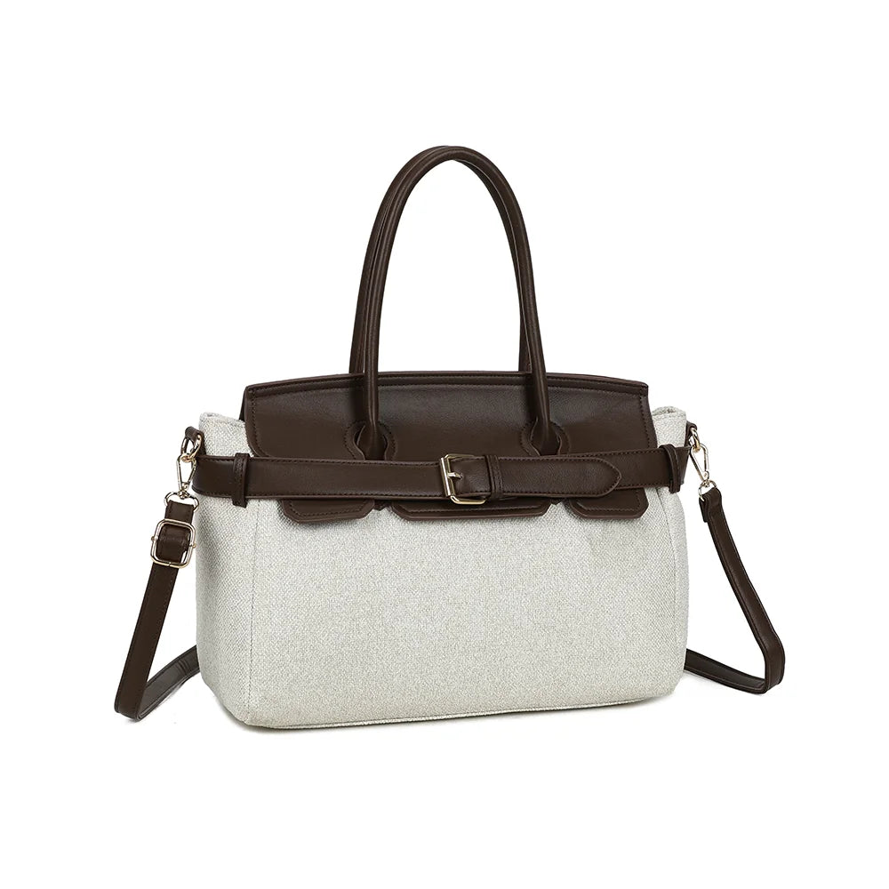 Soft Belt beige/coffee de trois quarts : rabat festonné contrasté et deux anses assorties – réf. R-2037