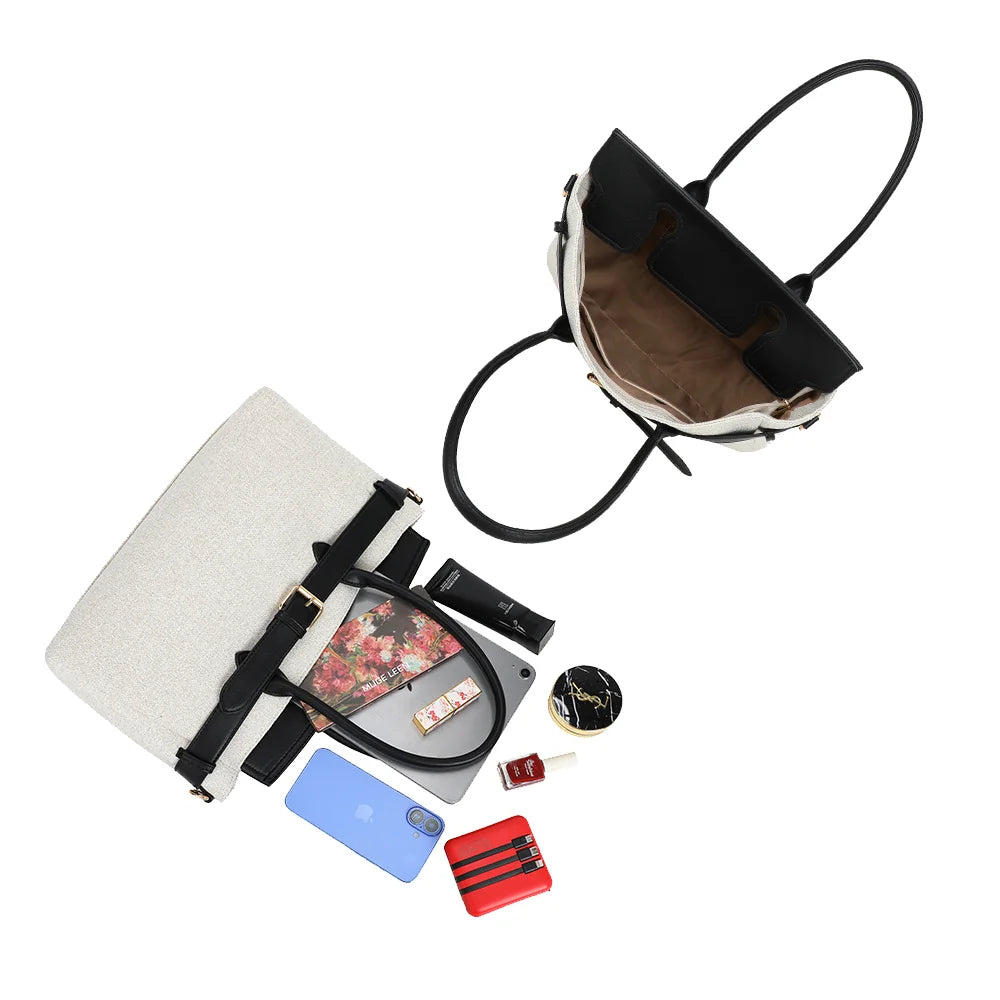 Intérieur du Soft Belt beige/noir : grand compartiment et poches pour téléphone et petits accessoires – réf. R-2037
