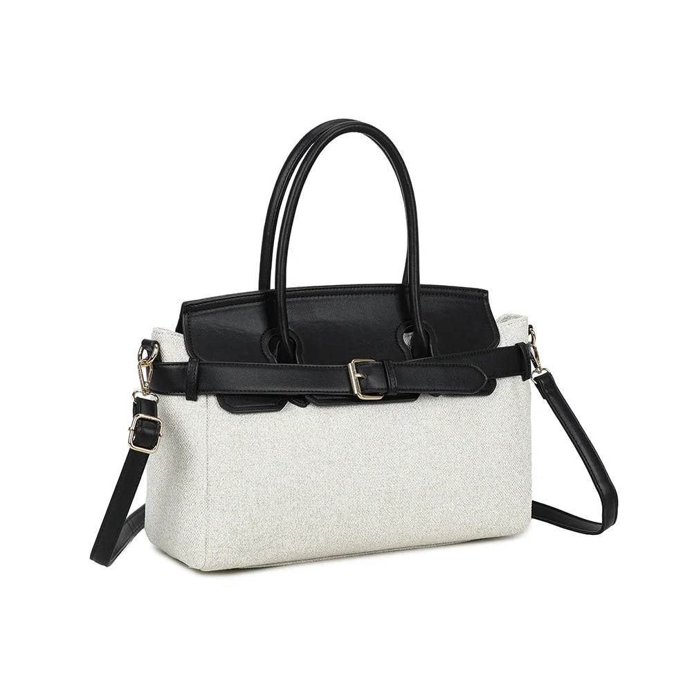 Soft Belt beige/noir de trois quarts : rabat festonné contrasté et deux anses assorties – réf. R-2037