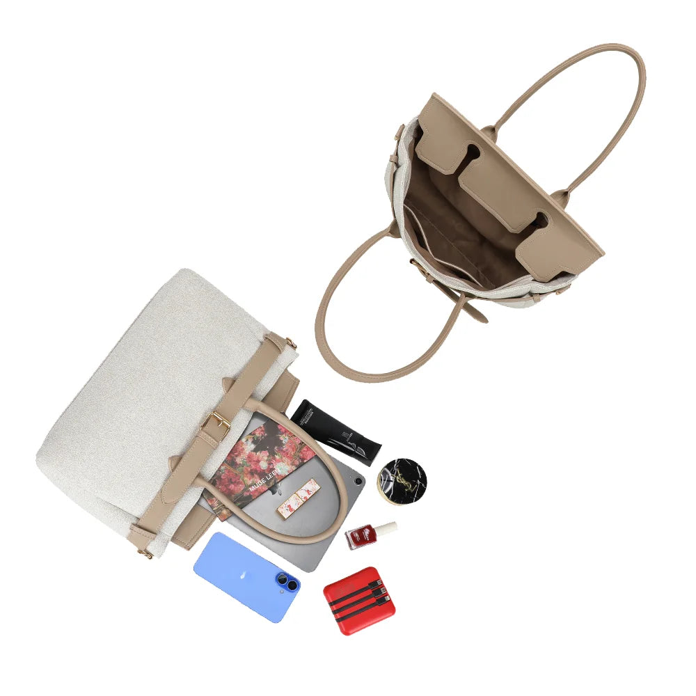 Intérieur du Soft Belt beige/taupe : grand compartiment et poches pour téléphone et petits accessoires – réf. R-2037