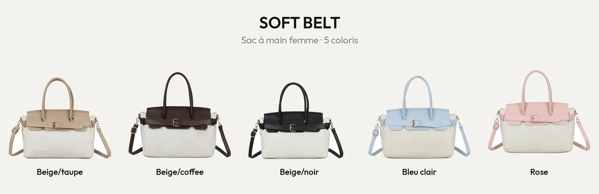 Sac à main femme Soft Belt dans ses 5 coloris : Beige/Taupe, Beige/Coffee, Beige/Noir, Bleu Clair et Rose – Gallantry Paris – réf. R-2037