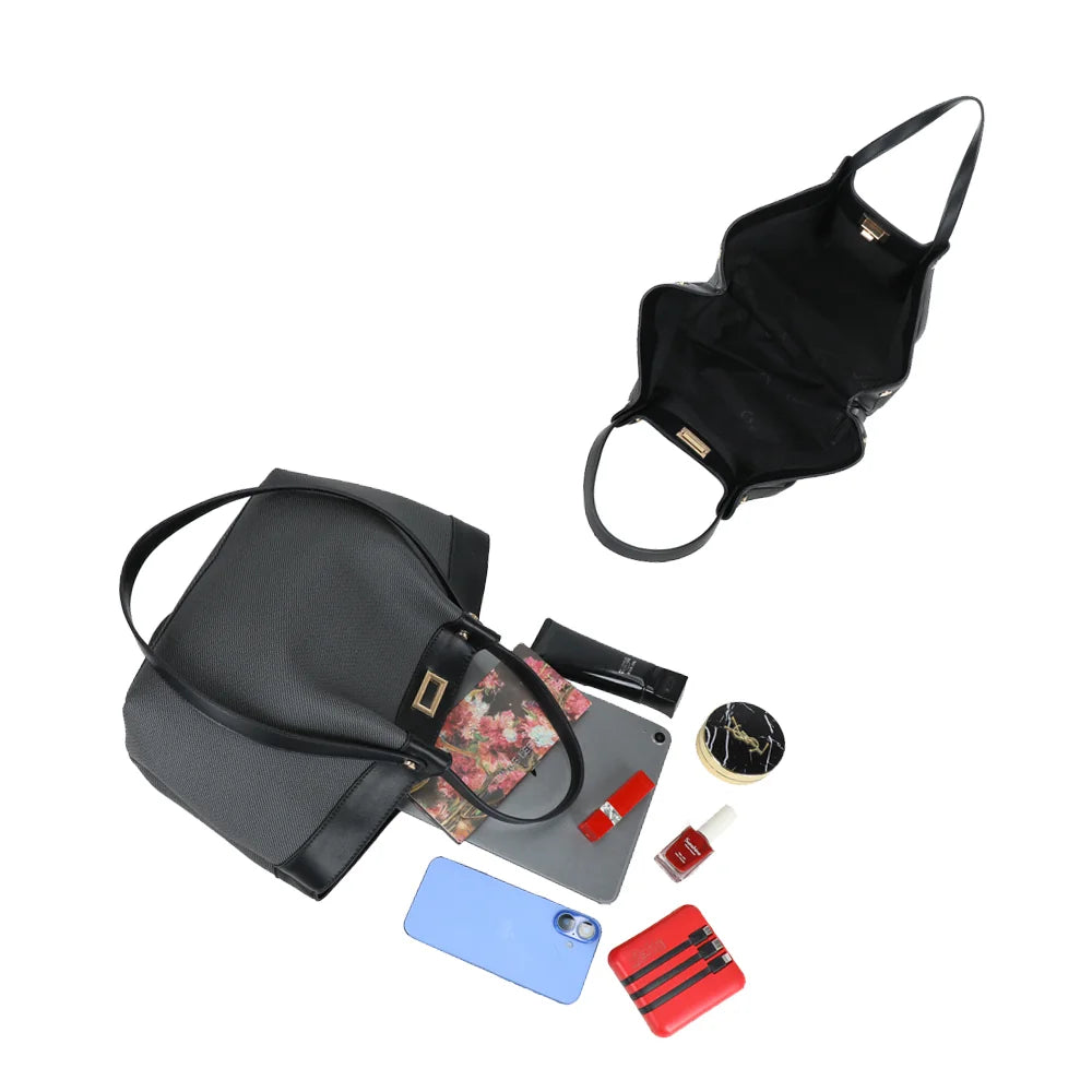 Intérieur du Solara noir : grand compartiment pour tablette, téléphone et maquillage – réf. DQ-8729