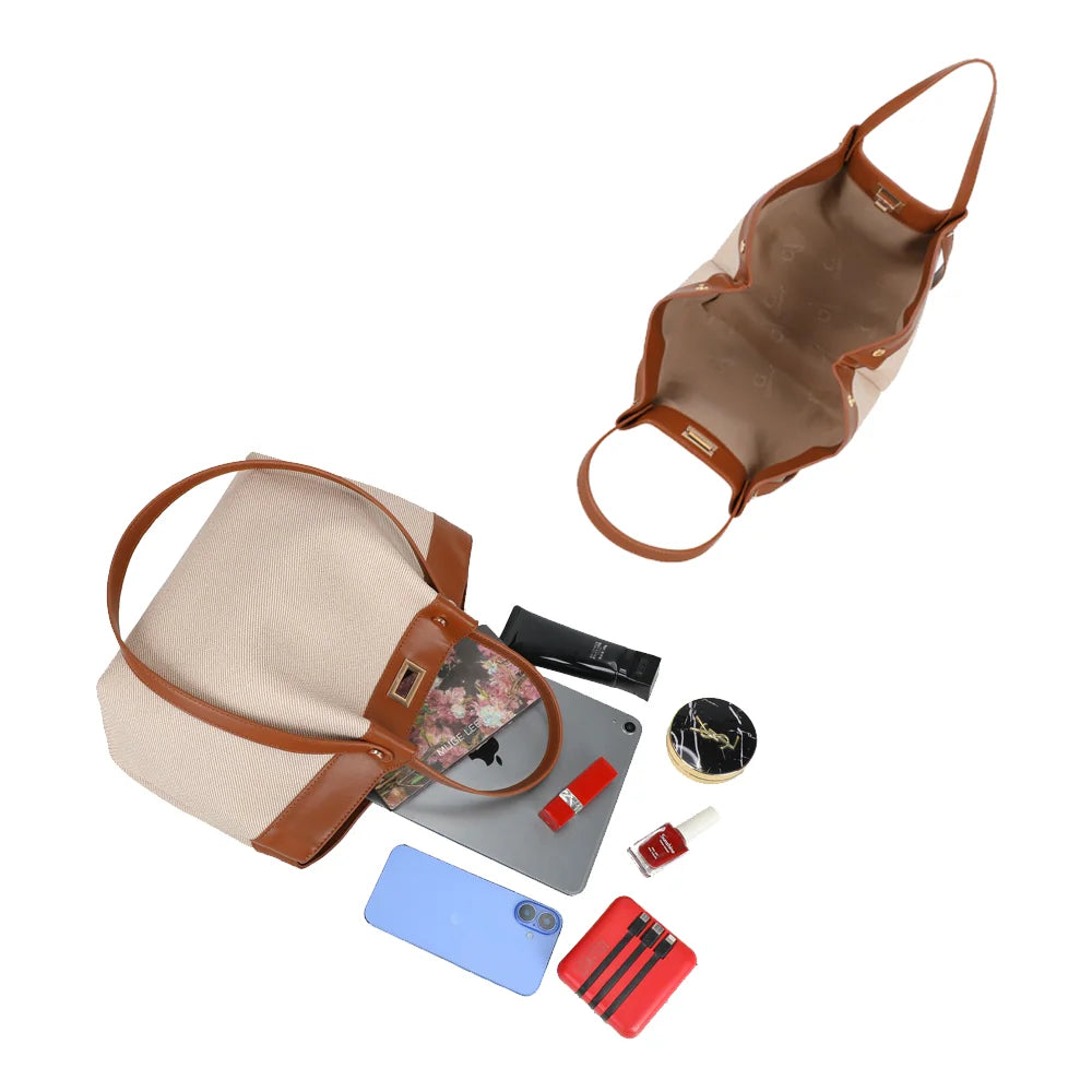 Intérieur du Solara taupe/marron : grand compartiment pour tablette, téléphone et maquillage – réf. DQ-8729
