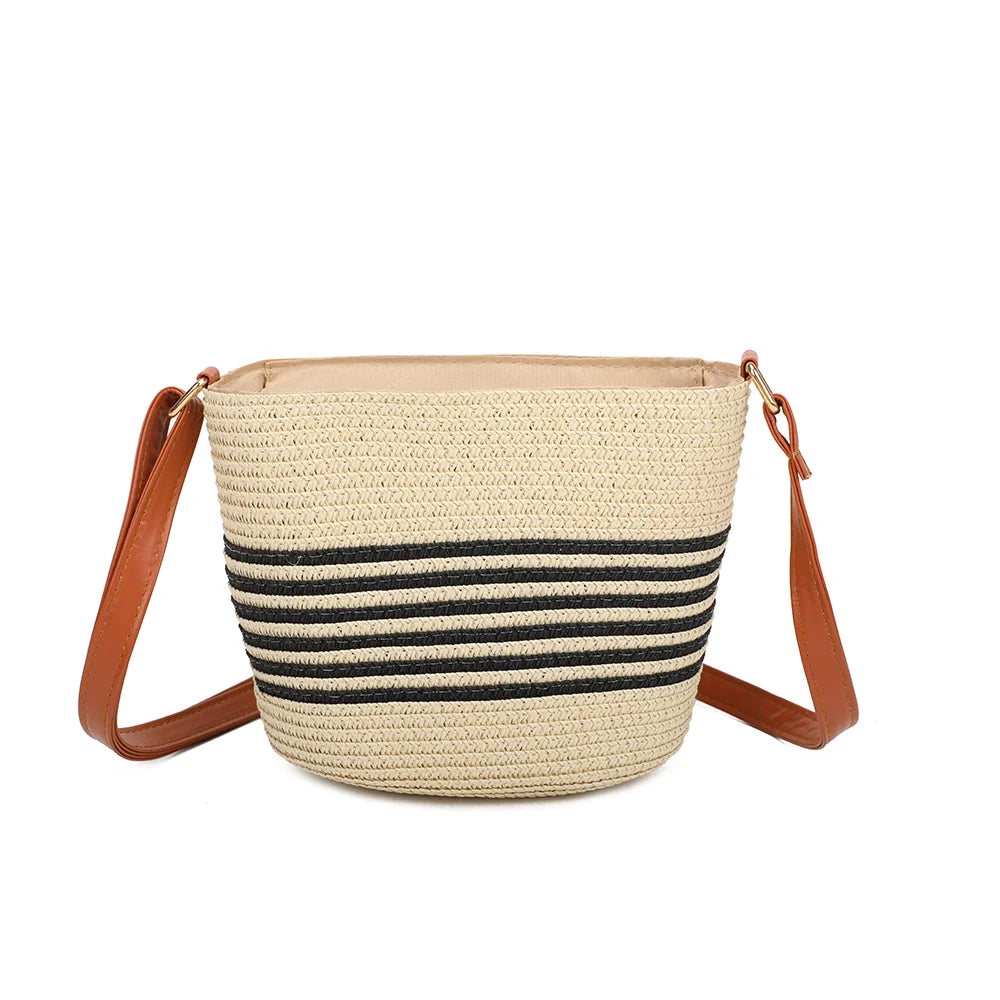 Dos du Solea beige/noir, tressage effet paille aux rayures contrastantes qui font le tour du sac – réf. JA-29001-1