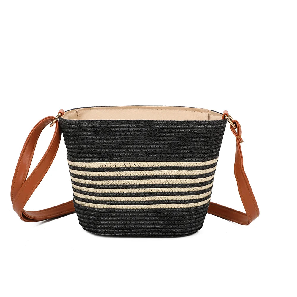 Dos du Solea noir/beige, tressage effet paille aux rayures contrastantes qui font le tour du sac – réf. JA-29001-1