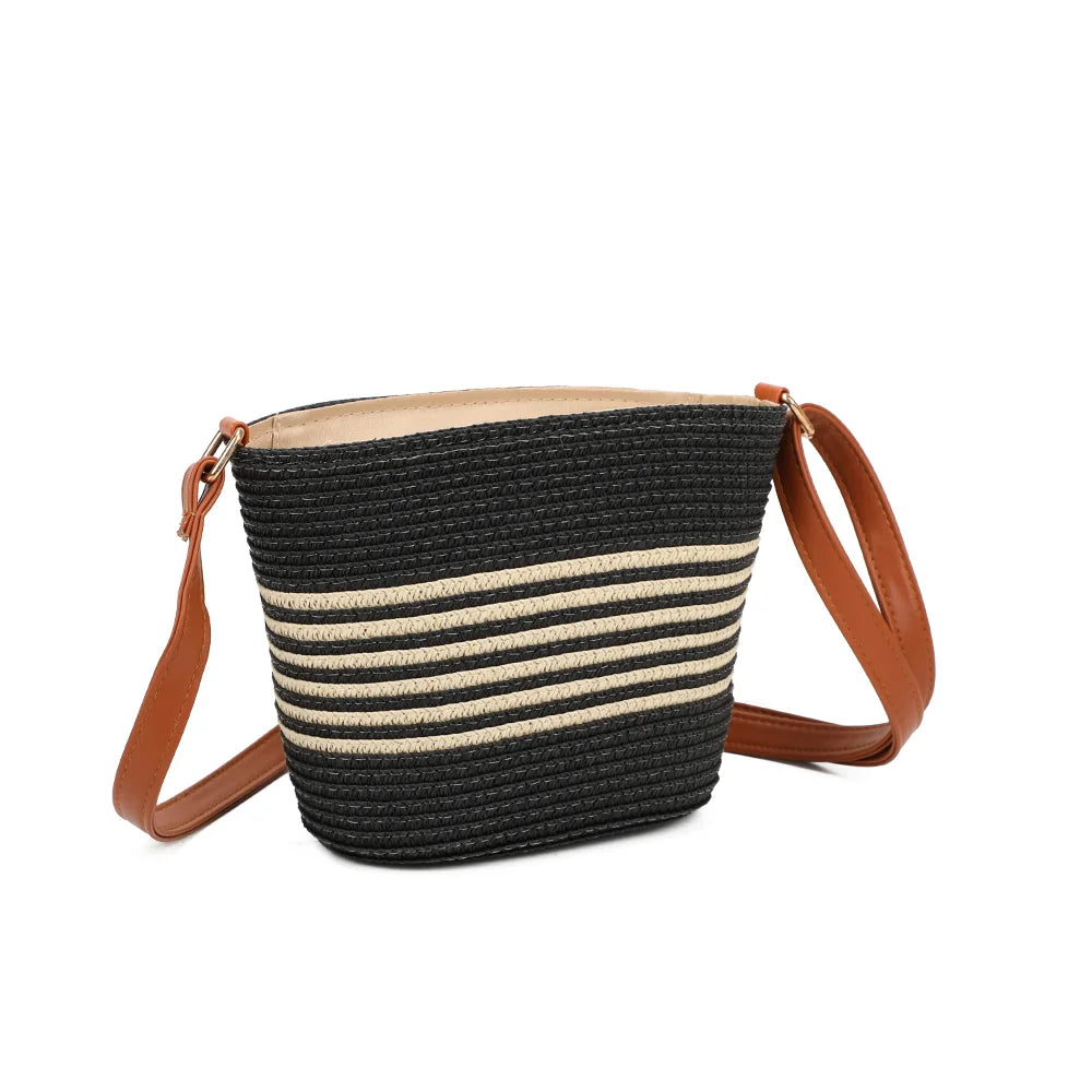 Solea noir/beige vu de trois-quarts, forme seau arrondie et attaches dorées de la bandoulière – réf. JA-29001-1