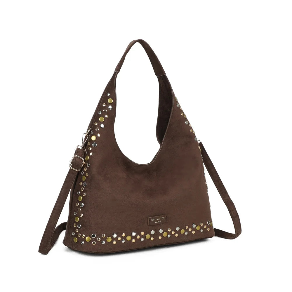 Soléane café vu de trois quarts : silhouette hobo souple et clous dorés, argentés et bronze – réf. JC-53002