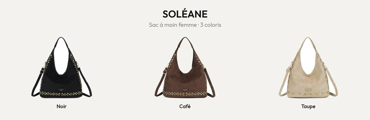 Sac à main hobo femme Soléane clouté en coloris Noir, Coffee et Taupe – Gallantry Paris – réf. JC-53002