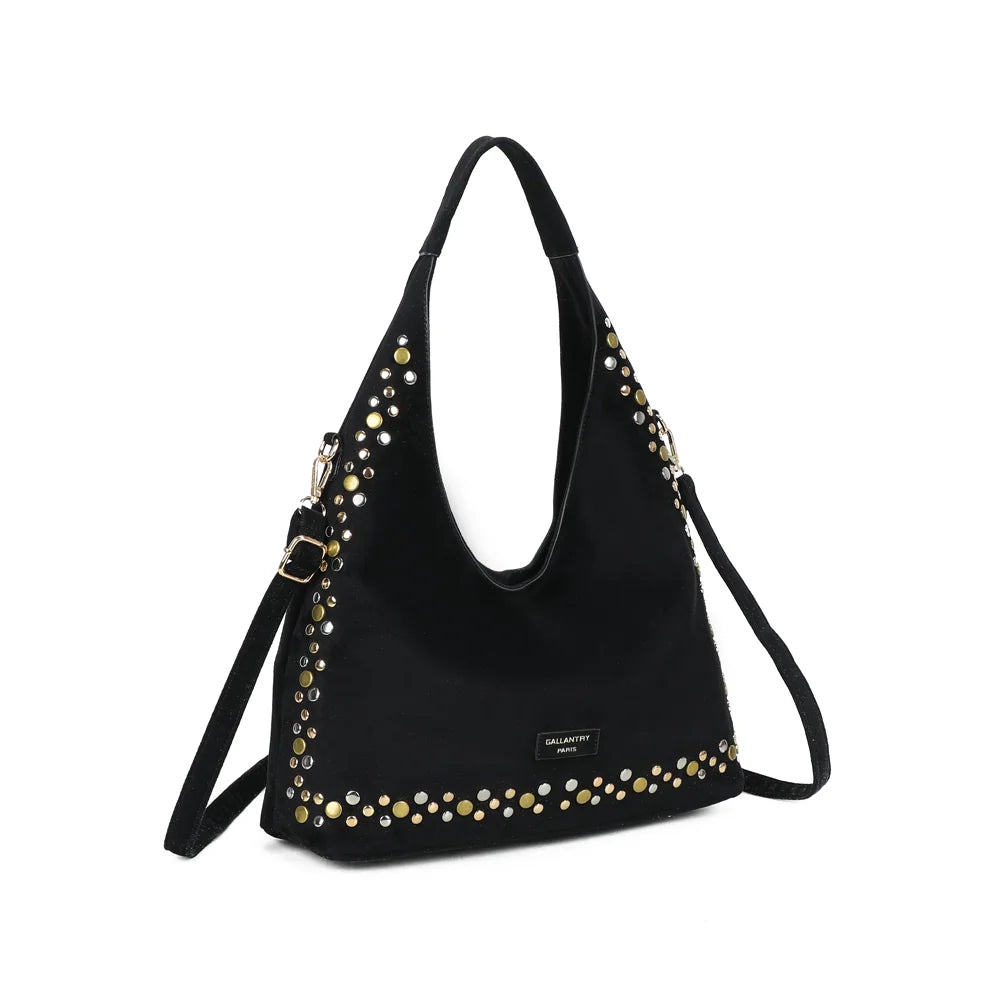 Soléane noir vu de trois quarts : silhouette hobo souple et clous dorés, argentés et bronze – réf. JC-53002