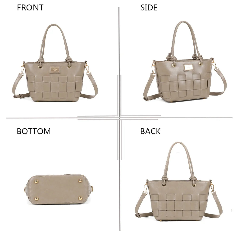Sonia taupe foncé sous quatre angles : face, profil, dessous et dos de ce petit cabas tressé – réf. DG-5806