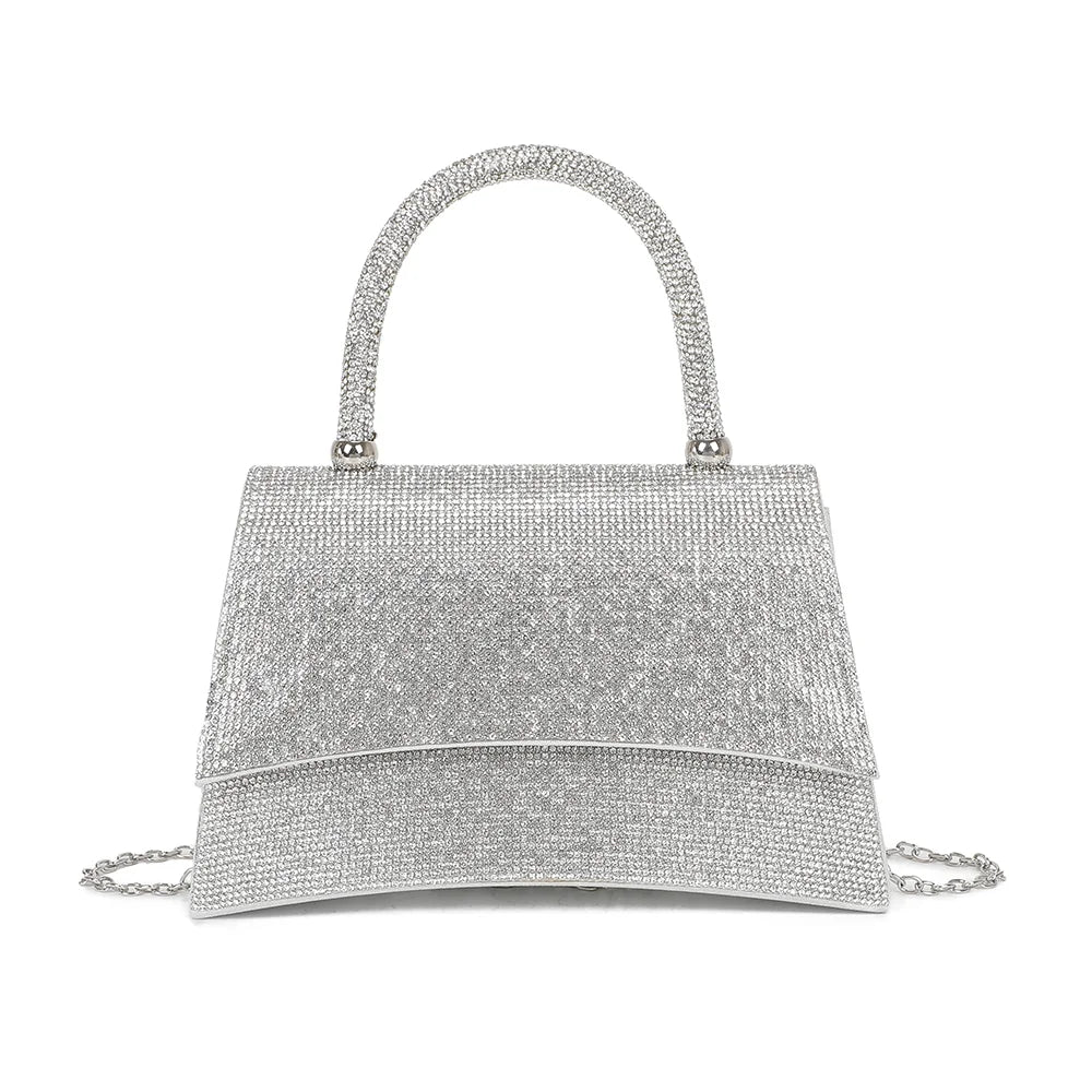 Sac à main de soirée femme Stellaire argent, rabat entièrement orné de strass et poignée scintillante – Gallantry Paris – réf. LD-93004