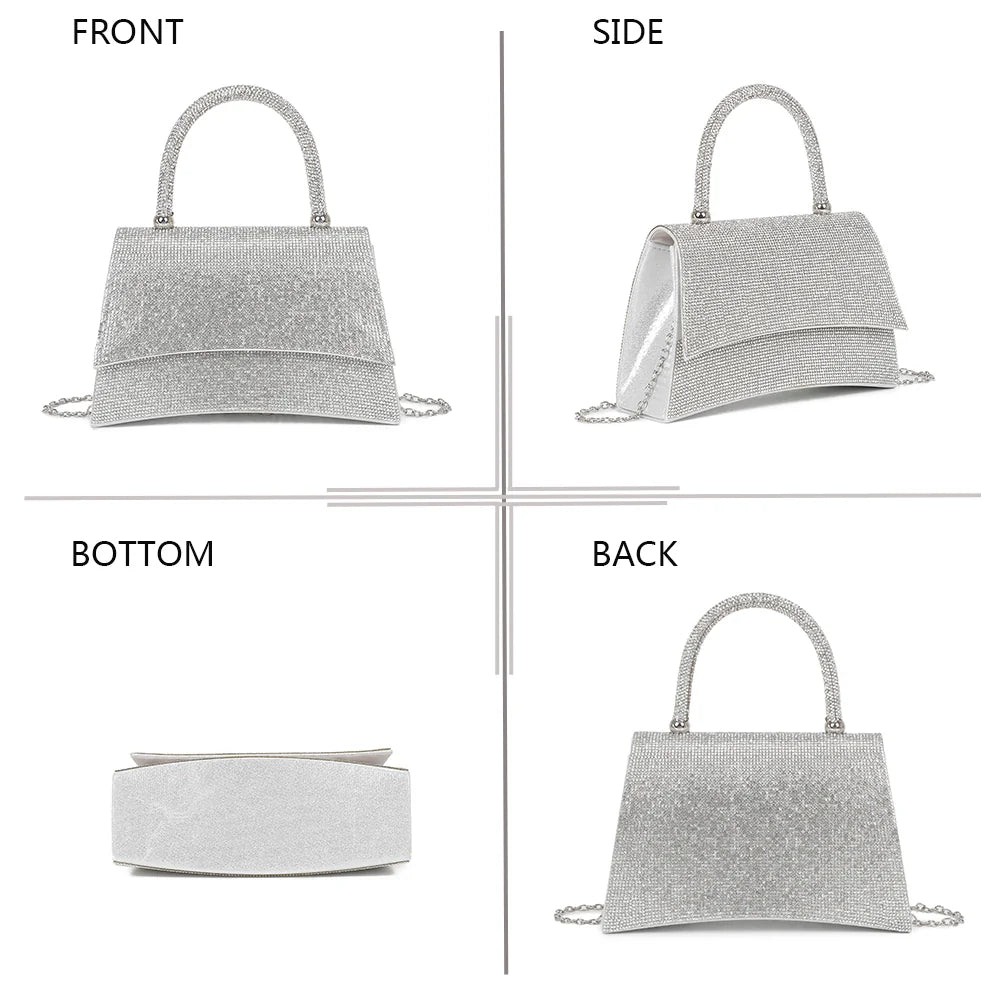 Stellaire argent sous quatre angles : face, côté, dessous et dos de ce sac de soirée orné de strass – réf. LD-93004