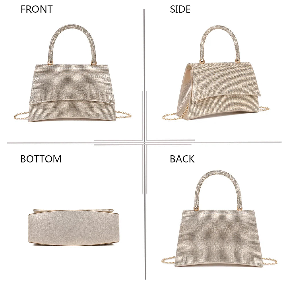 Stellaire bronze sous quatre angles : face, côté, dessous et dos de ce sac de soirée orné de strass – réf. LD-93004