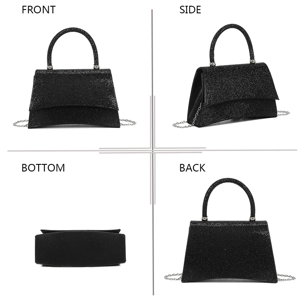 Stellaire noir sous quatre angles : face, côté, dessous et dos de ce sac de soirée orné de strass – réf. LD-93004