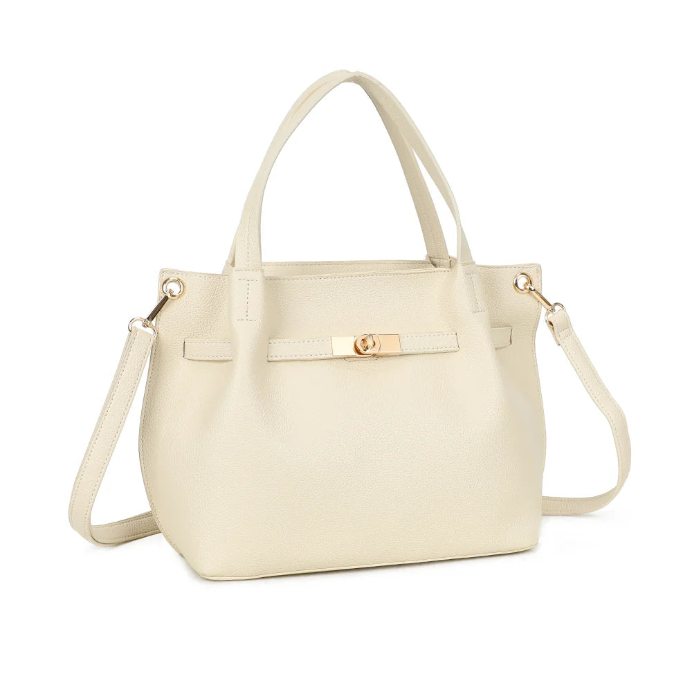 Talyne beige vu de trois quarts : silhouette structurée, anses doubles et œillets dorés sur les côtés – réf. KJ-62094