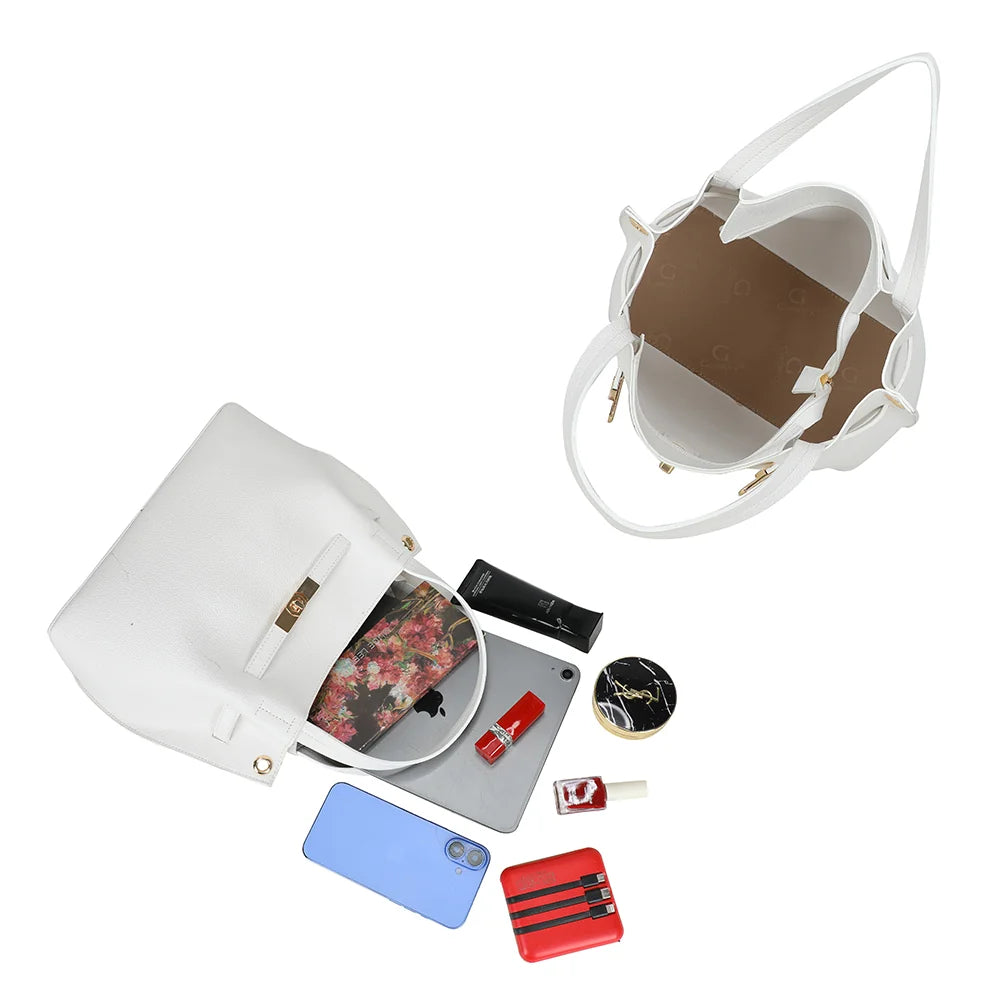Intérieur du Talyne blanc : doublure logo Gallantry, place pour mini tablette, smartphone et maquillage – réf. KJ-62094