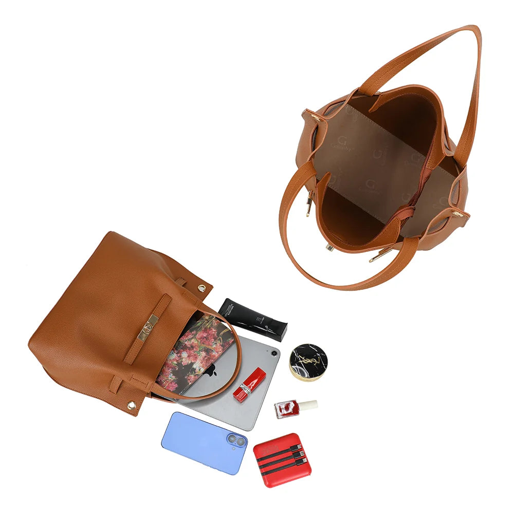 Intérieur du Talyne marron : doublure logo Gallantry, place pour mini tablette, smartphone et maquillage – réf. KJ-62094