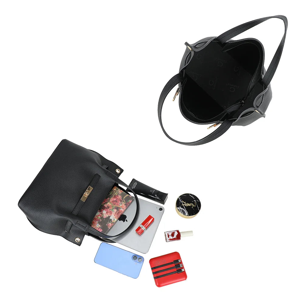 Intérieur du Talyne noir : doublure logo Gallantry, place pour mini tablette, smartphone et maquillage – réf. KJ-62094