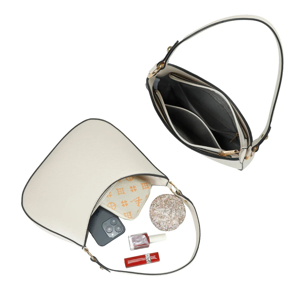 Intérieur du Tereza beige : poche zippée et poche plaquée pour ranger téléphone et maquillage – réf. R-1957