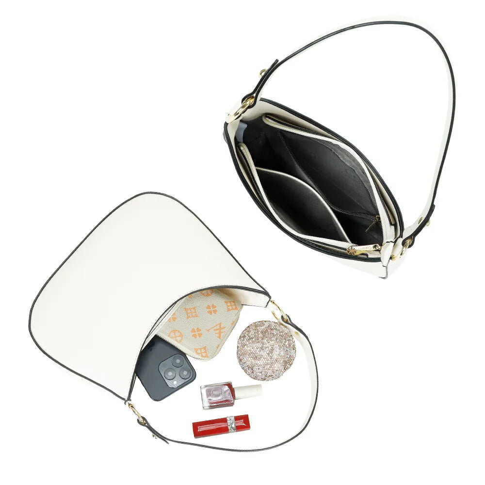 Intérieur du Tereza blanc : poche zippée et poche plaquée pour ranger téléphone et maquillage – réf. R-1957