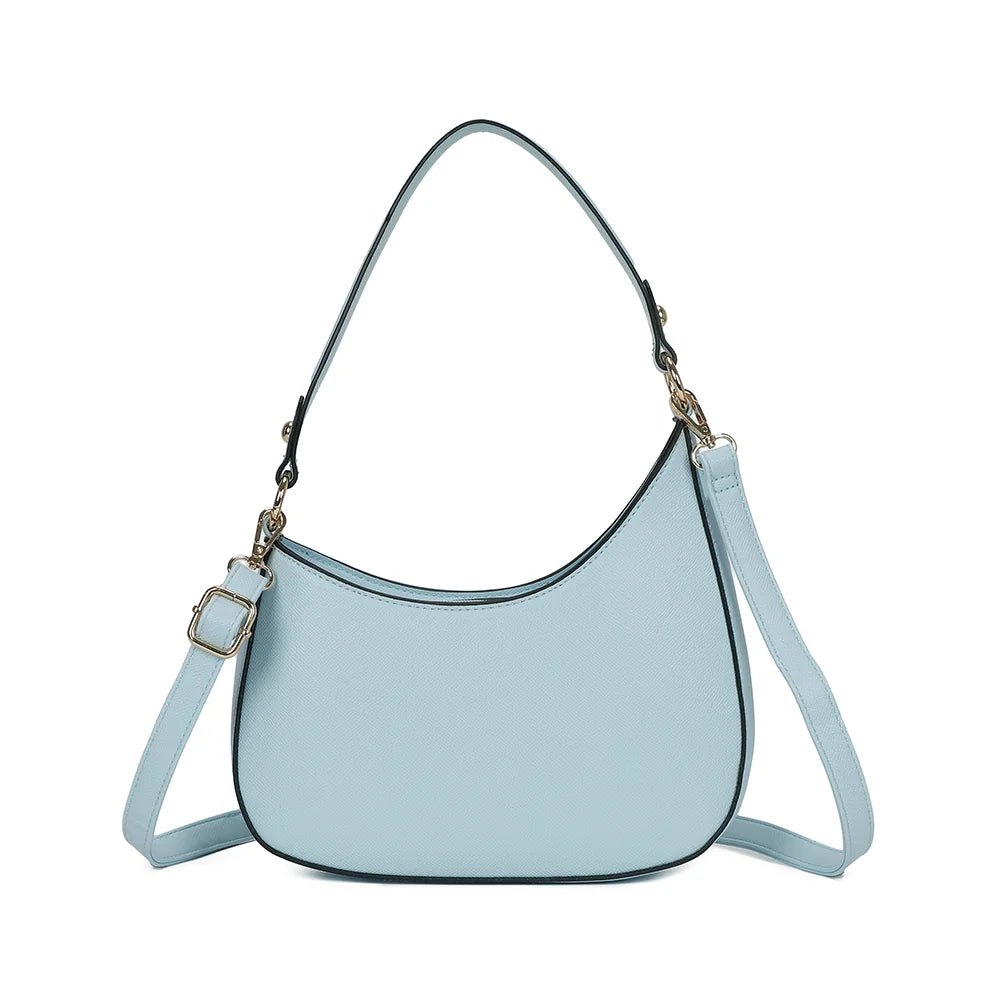 Dos du sac Tereza bleu pastel, ligne épurée et anse d’épaule fixée par des anneaux dorés – réf. R-1957