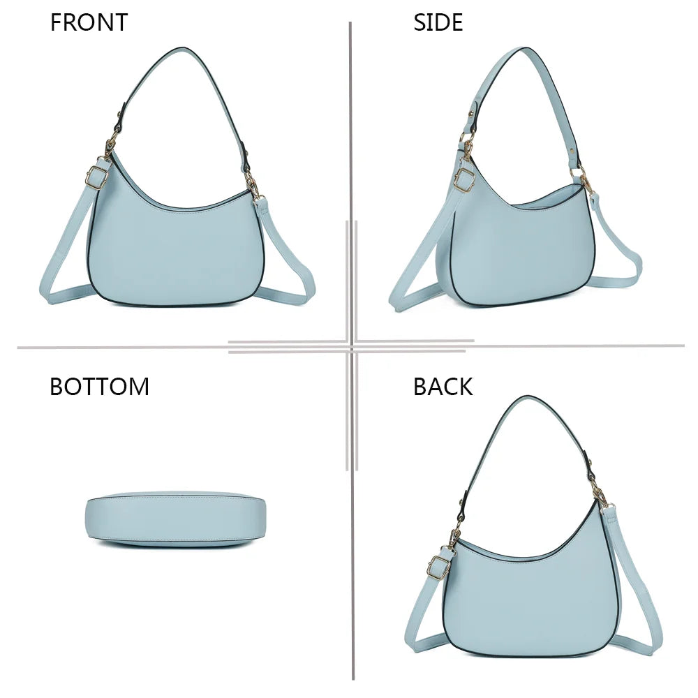 Le Tereza bleu pastel sous tous les angles : face, profil, dessous et dos du sac demi-lune – réf. R-1957