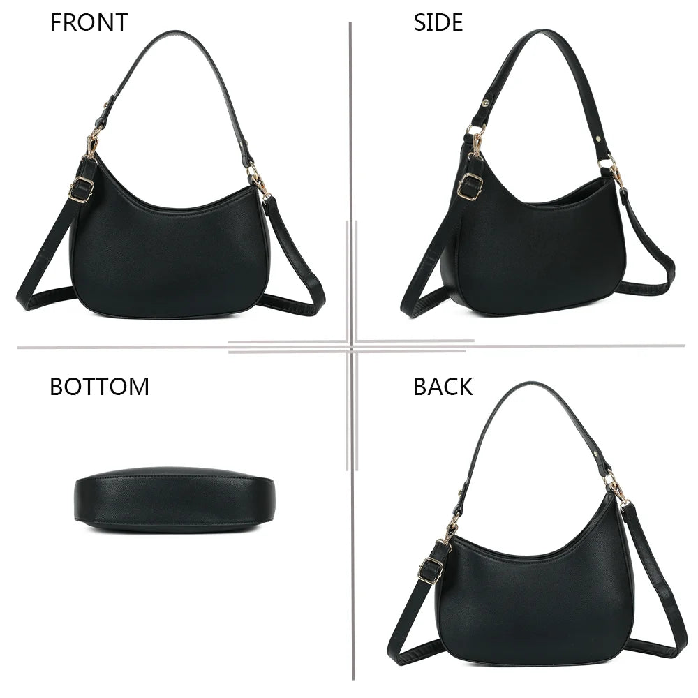 Le Tereza noir sous tous les angles : face, profil, dessous et dos du sac demi-lune – réf. R-1957