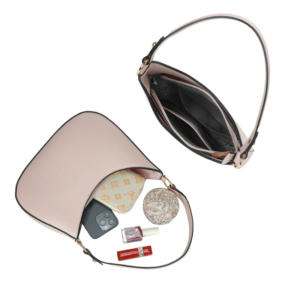 Intérieur du Tereza rose : poche zippée et poche plaquée pour ranger téléphone et maquillage – réf. R-1957