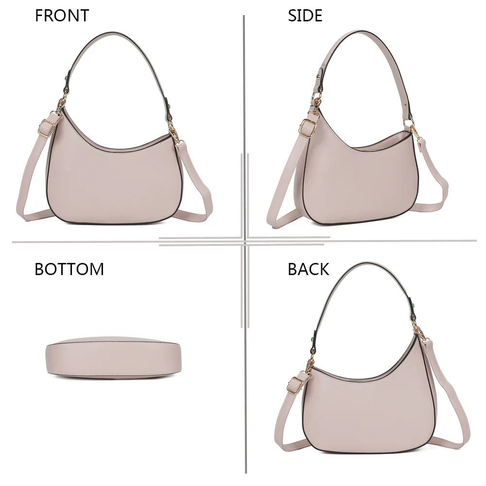 Le Tereza rose sous tous les angles : face, profil, dessous et dos du sac demi-lune – réf. R-1957