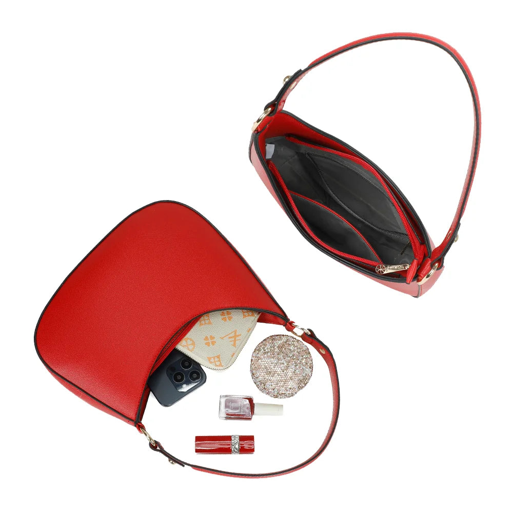 Intérieur du Tereza rouge : poche zippée et poche plaquée pour ranger téléphone et maquillage – réf. R-1957
