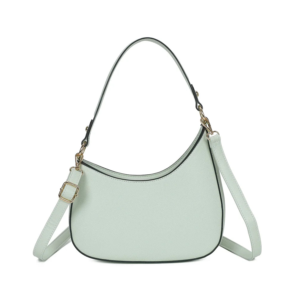 Dos du sac Tereza vert clair, ligne épurée et anse d’épaule fixée par des anneaux dorés – réf. R-1957