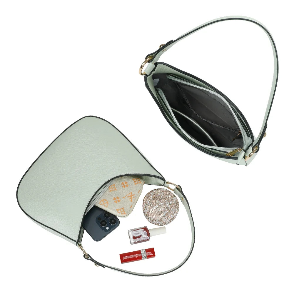 Intérieur du Tereza vert clair : poche zippée et poche plaquée pour ranger téléphone et maquillage – réf. R-1957