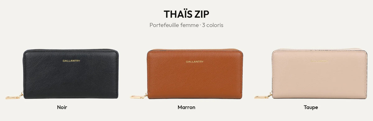 Portefeuille femme Thaïs Zip en simili cuir grainé, coloris Noir, Marron et Taupe – Gallantry Paris
